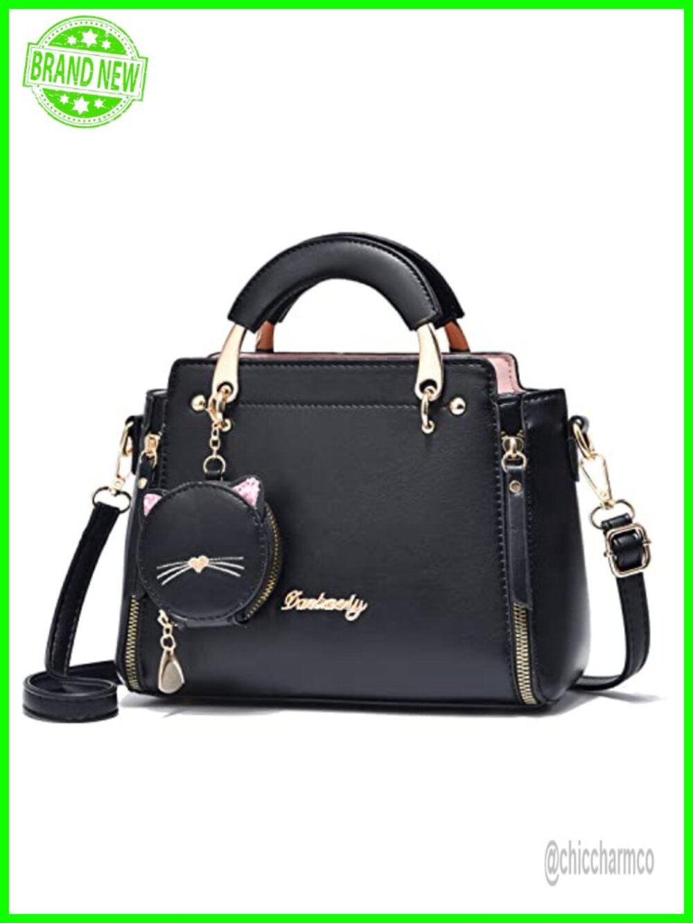 PU Leather Satchel Crossbody Bag with Kitten Pendant – Small Top Handle Tote